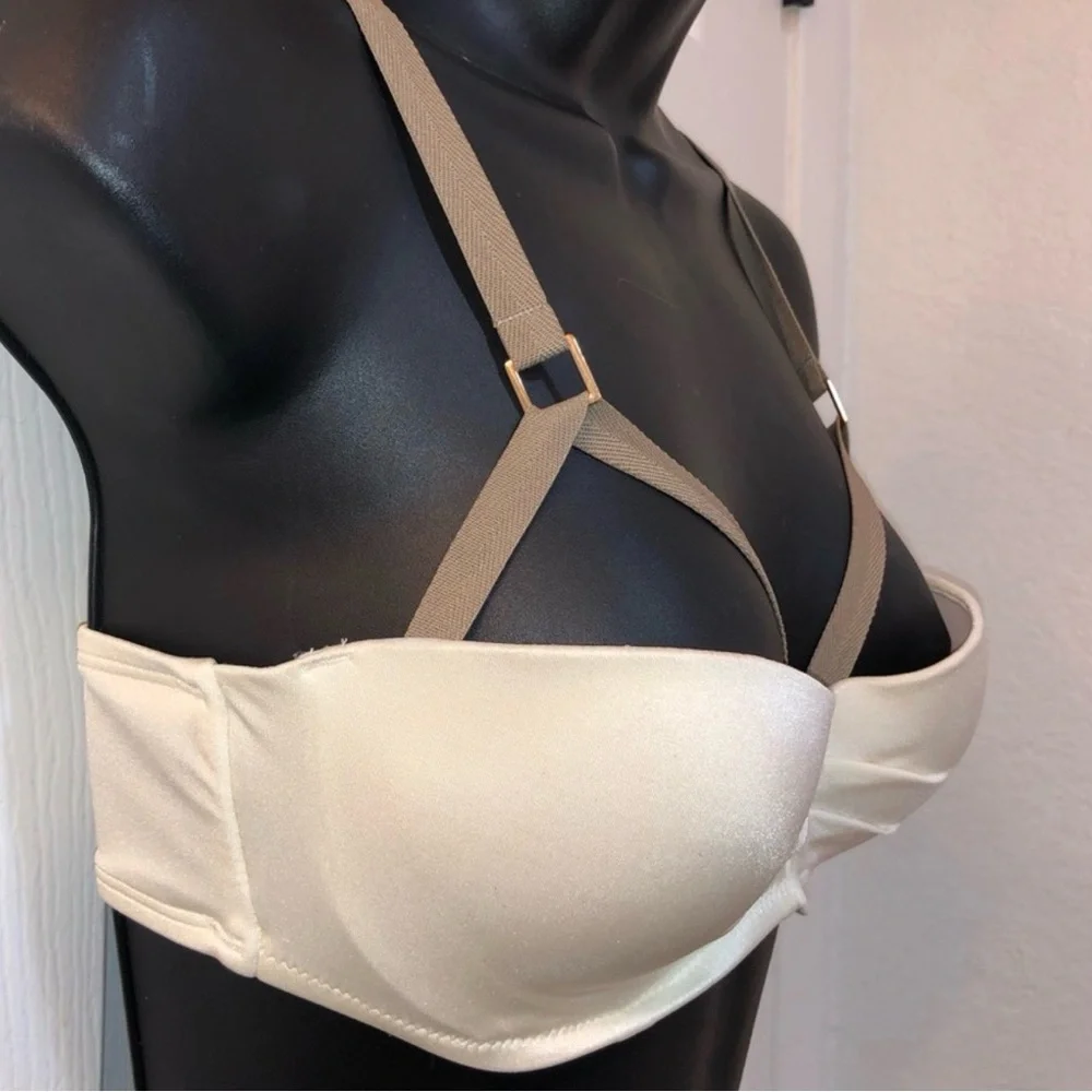 Victoria’s Secret NWT Bikini swim top Size 34DD Cream/tan Ruched Satin - Picture 2 of 11